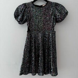 Lipsy London Girls Sequin Party Dress Puff Sleeve black Iridescent Size7 holiday
